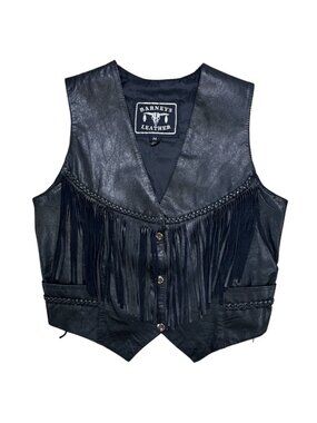 Barney’s Leather Medium Black Concho Fringe Vest Women Biker Western